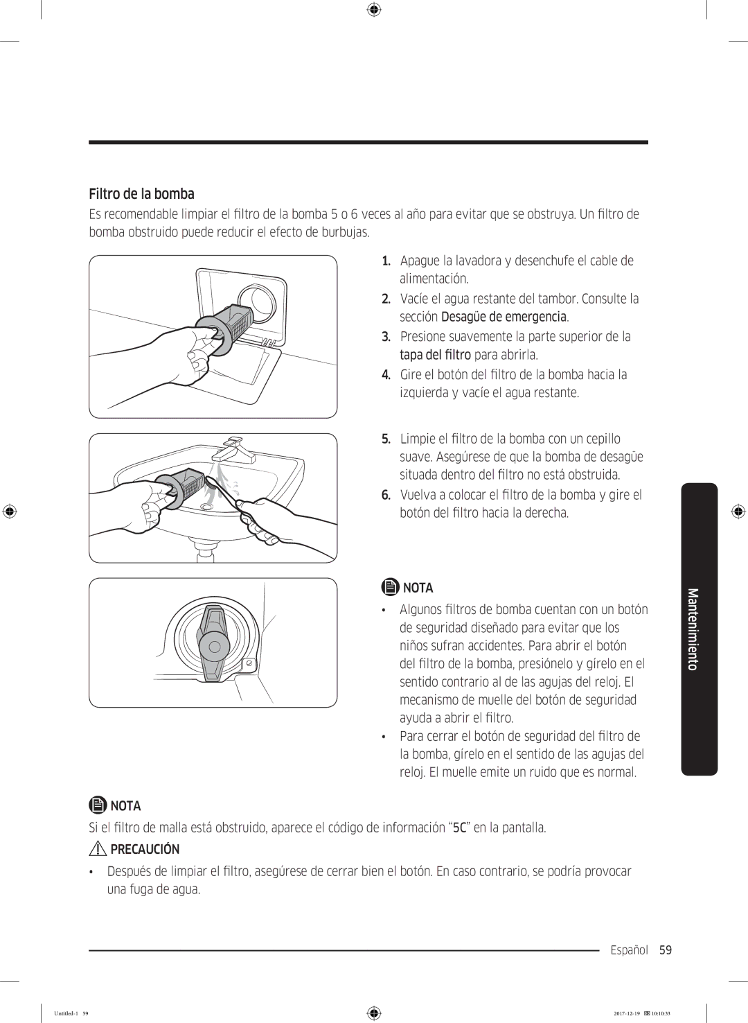 Samsung WW10M86GNOA/EC manual Filtro de la bomba 