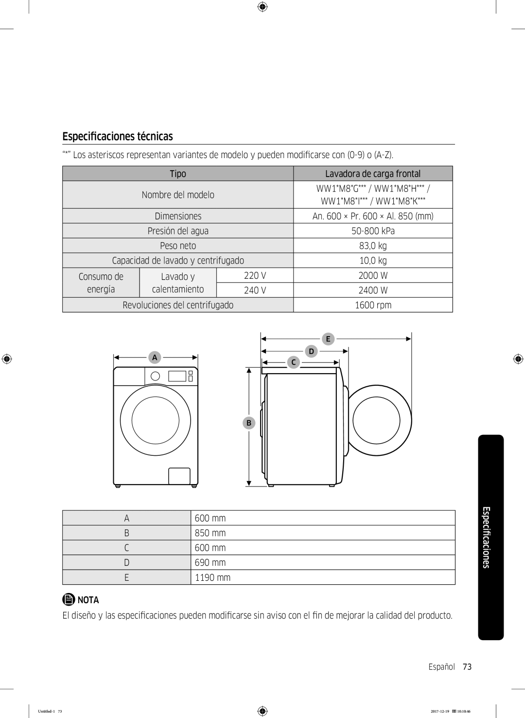 Samsung WW10M86GNOA/EC manual Especificaciones técnicas 