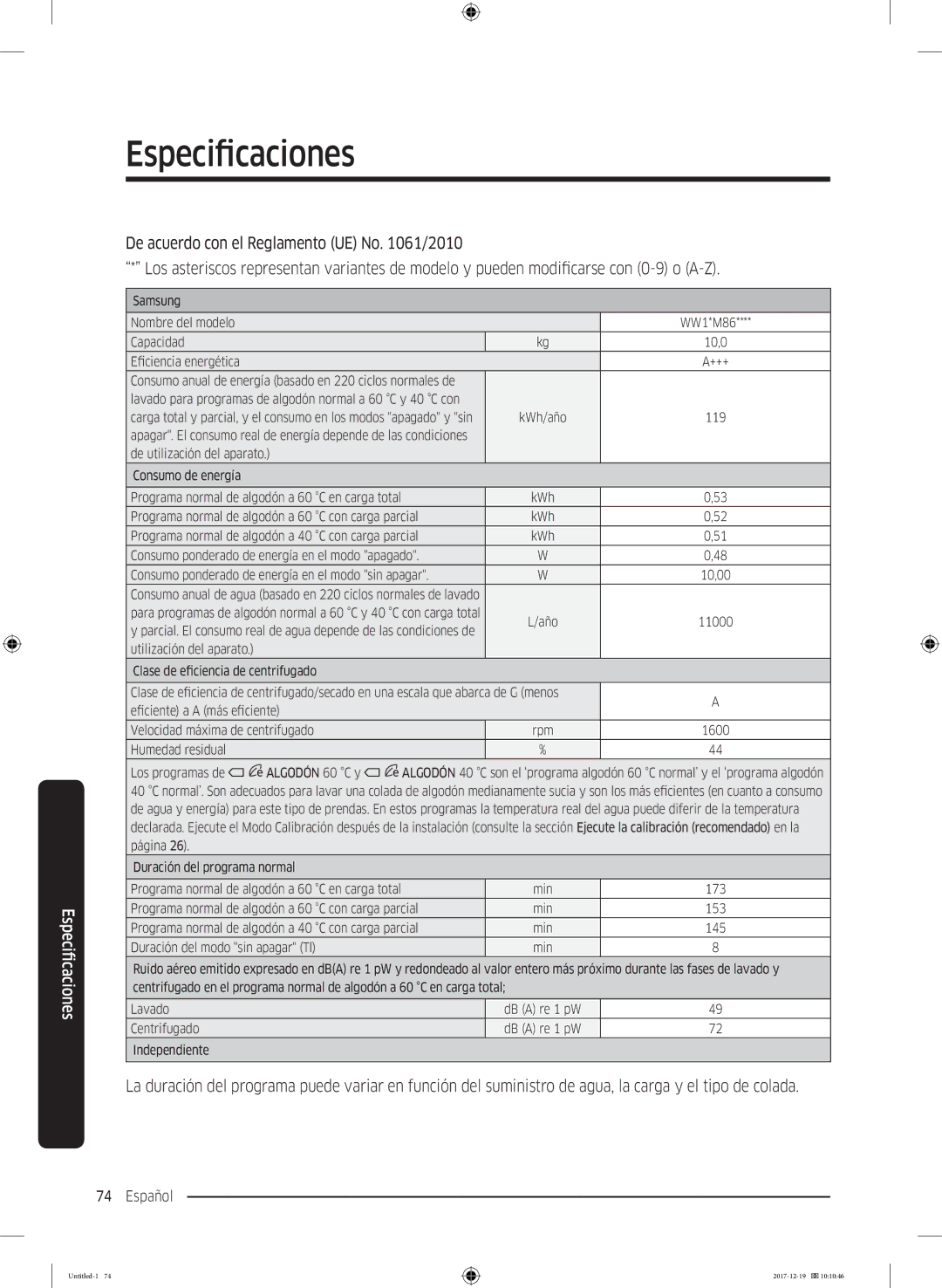 Samsung WW10M86GNOA/EC manual Samsung Nombre del modelo WW1*M86 Capacidad 