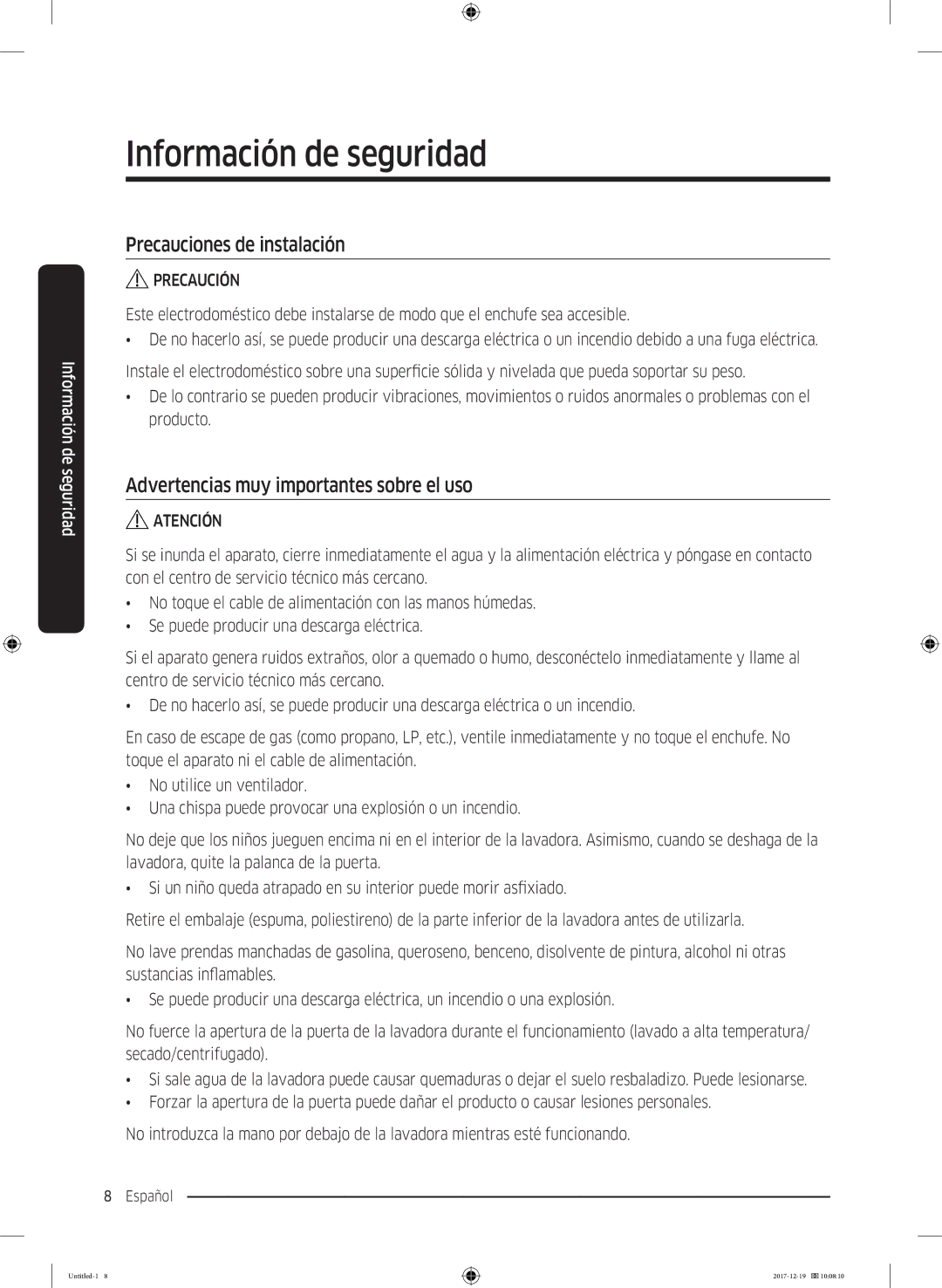 Samsung WW10M86GNOA/EC manual Precauciones de instalación, Advertencias muy importantes sobre el uso 