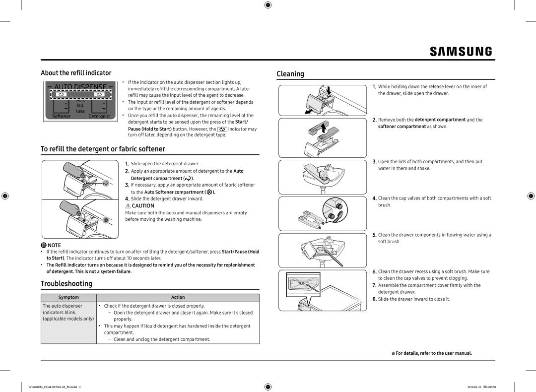 Samsung WW10M86GNOA/EC manual To refill the detergent or fabric softener, Troubleshooting, About the refill indicator 