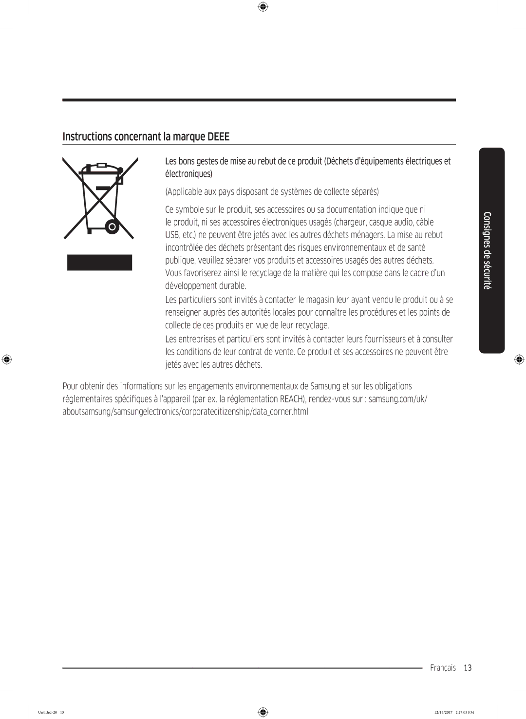 Samsung WW10M86GNOA/EF manual Instructions concernant la marque Deee 