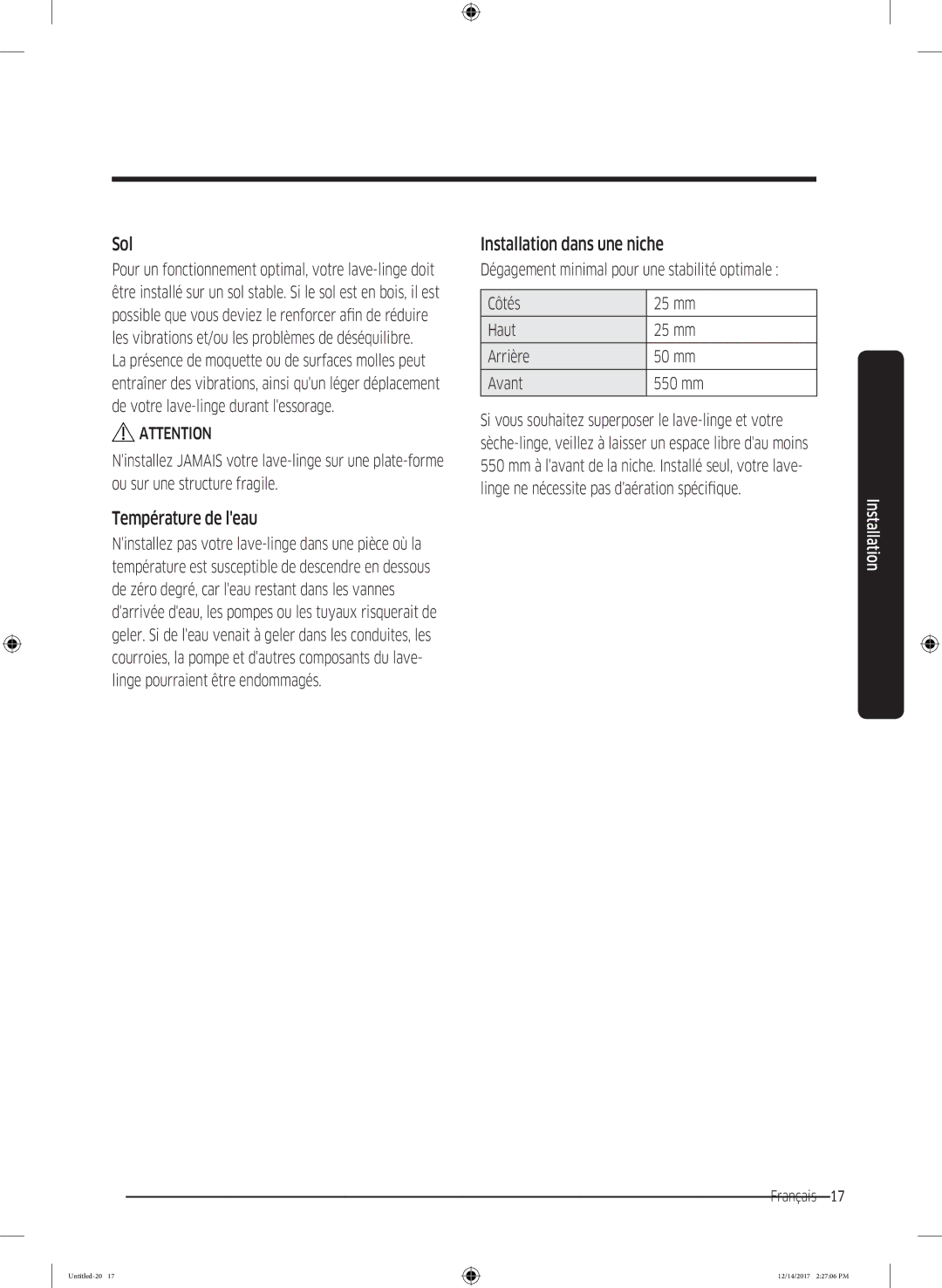 Samsung WW10M86GNOA/EF manual Sol, Température de leau, Installation dans une niche 