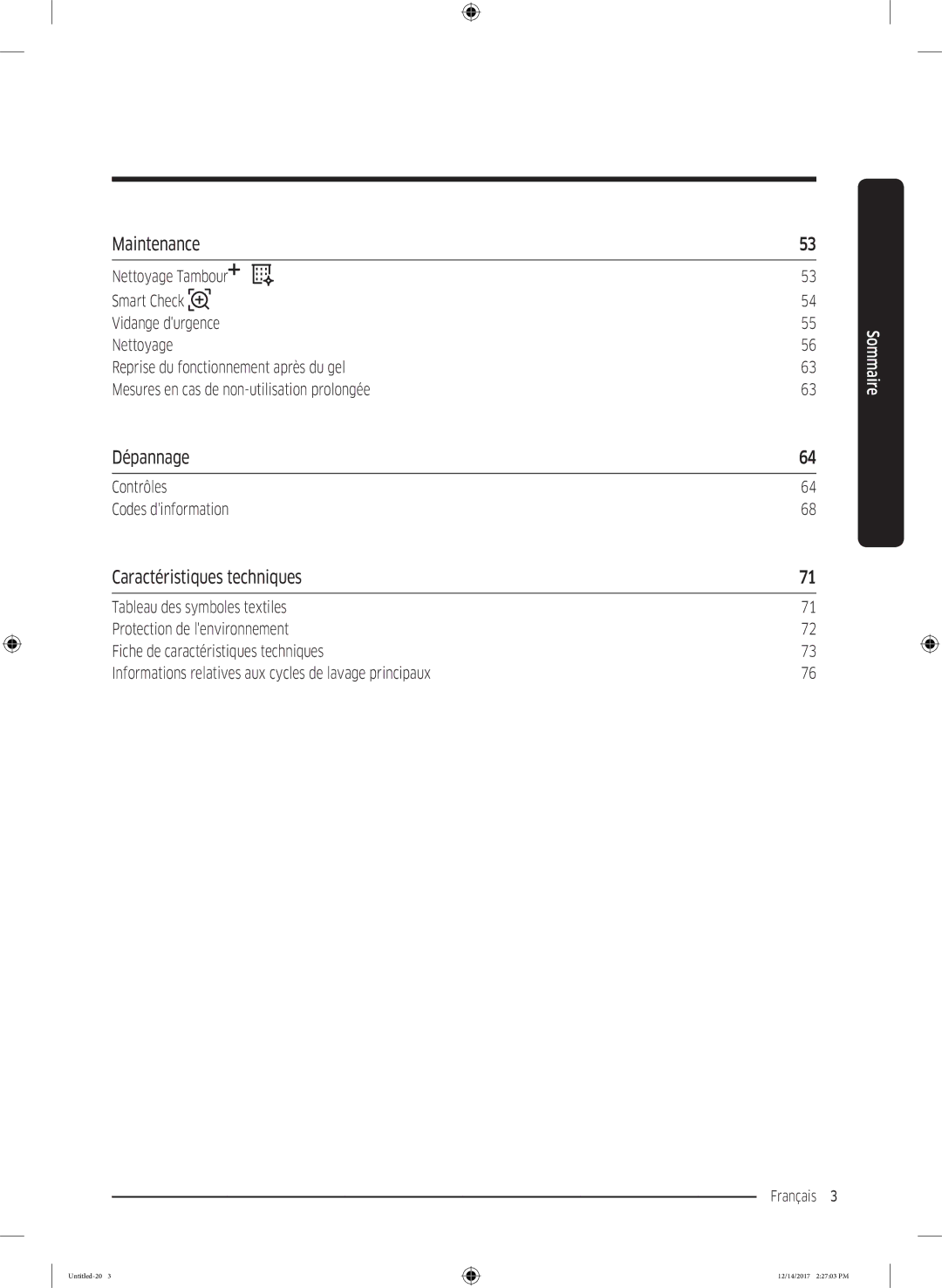 Samsung WW10M86GNOA/EF manual Maintenance, Dépannage, Caractéristiques techniques, Contrôles Codes dinformation 