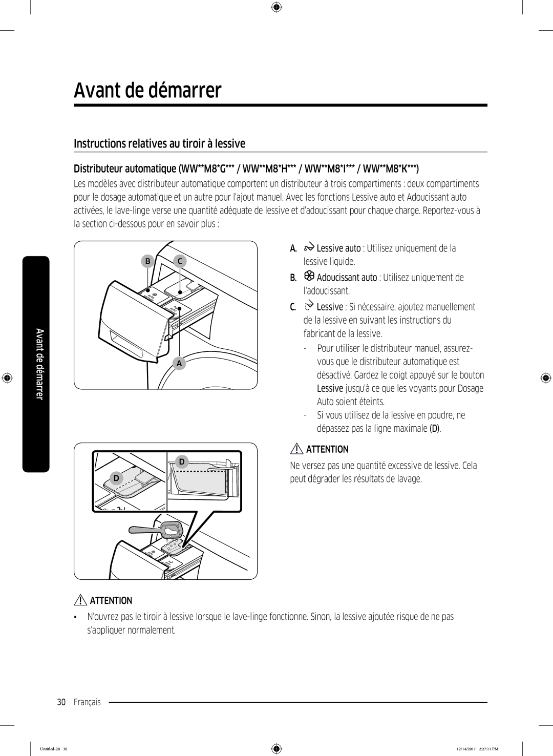 Samsung WW10M86GNOA/EF manual Instructions relatives au tiroir à lessive 