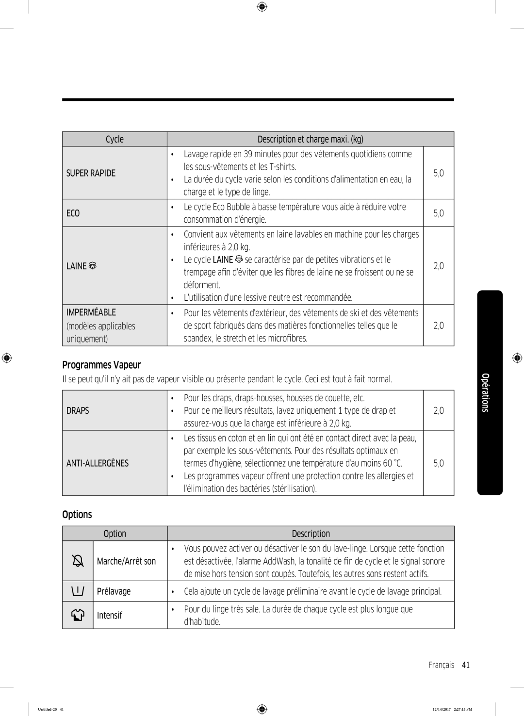 Samsung WW10M86GNOA/EF manual Programmes Vapeur, Options 