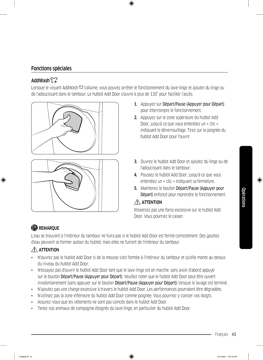 Samsung WW10M86GNOA/EF manual Fonctions spéciales, AddWash 