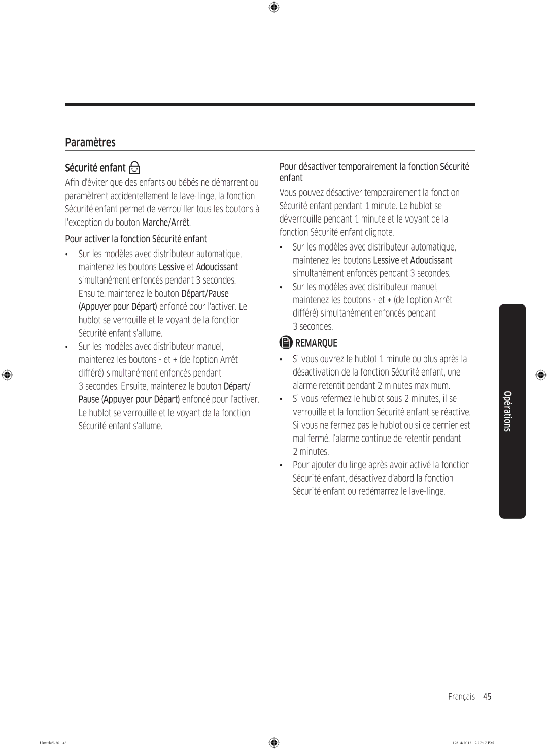 Samsung WW10M86GNOA/EF manual Paramètres, Pour activer la fonction Sécurité enfant, Secondes 