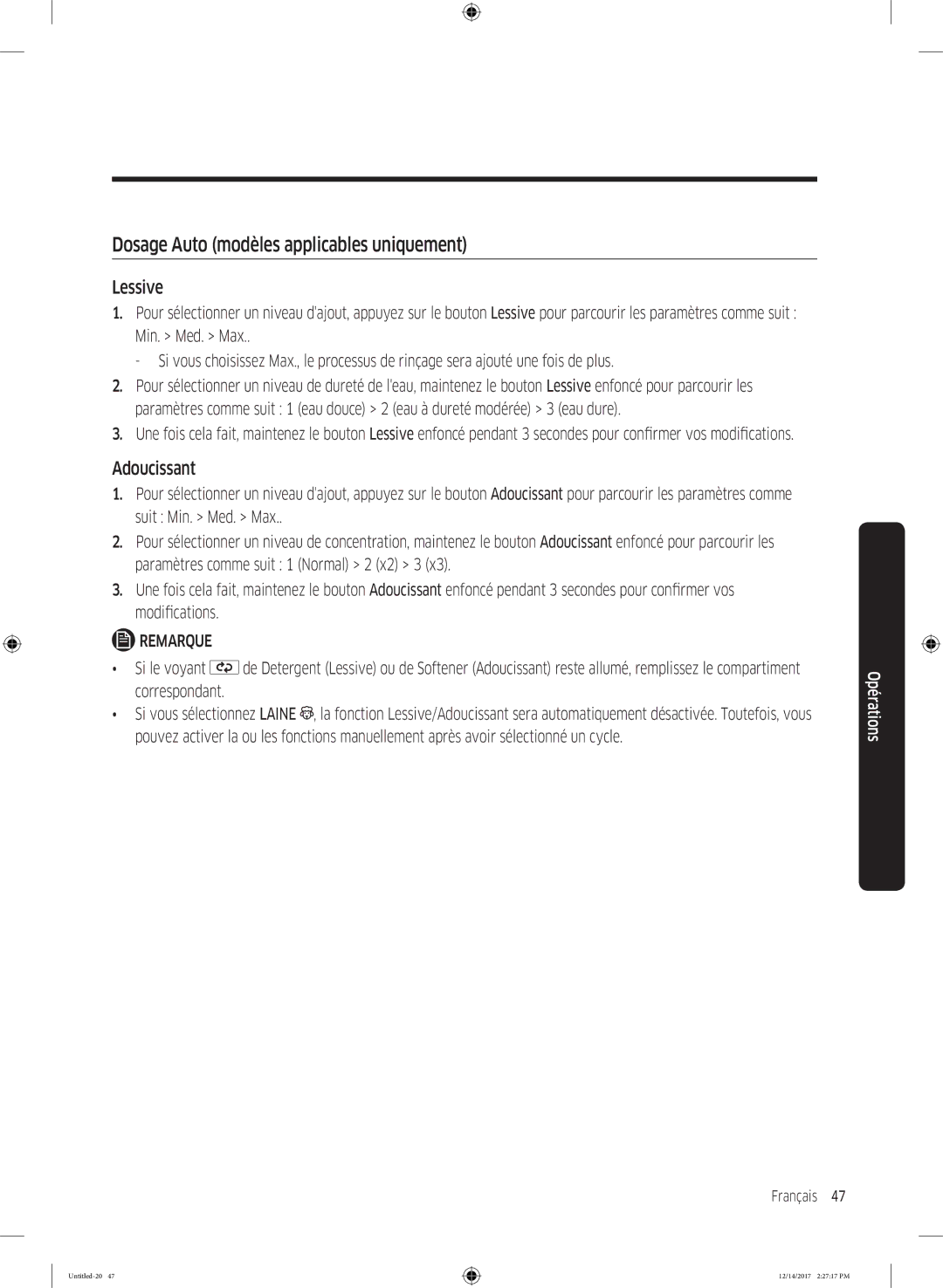 Samsung WW10M86GNOA/EF manual Dosage Auto modèles applicables uniquement, Lessive, Adoucissant 