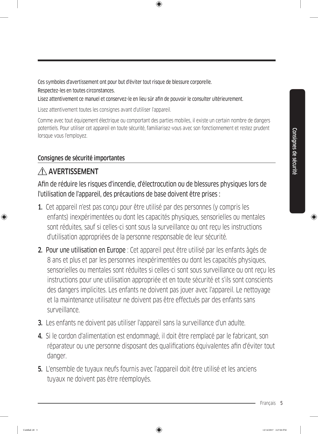 Samsung WW10M86GNOA/EF manual Avertissement, Consignes de sécurité importantes 