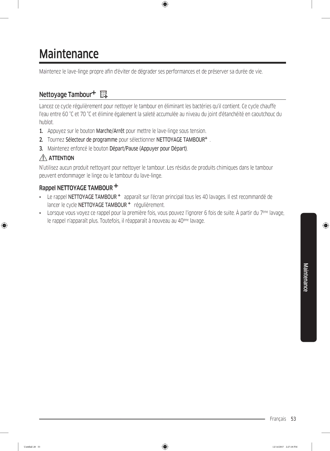 Samsung WW10M86GNOA/EF manual Maintenance, Rappel Nettoyage Tambour 