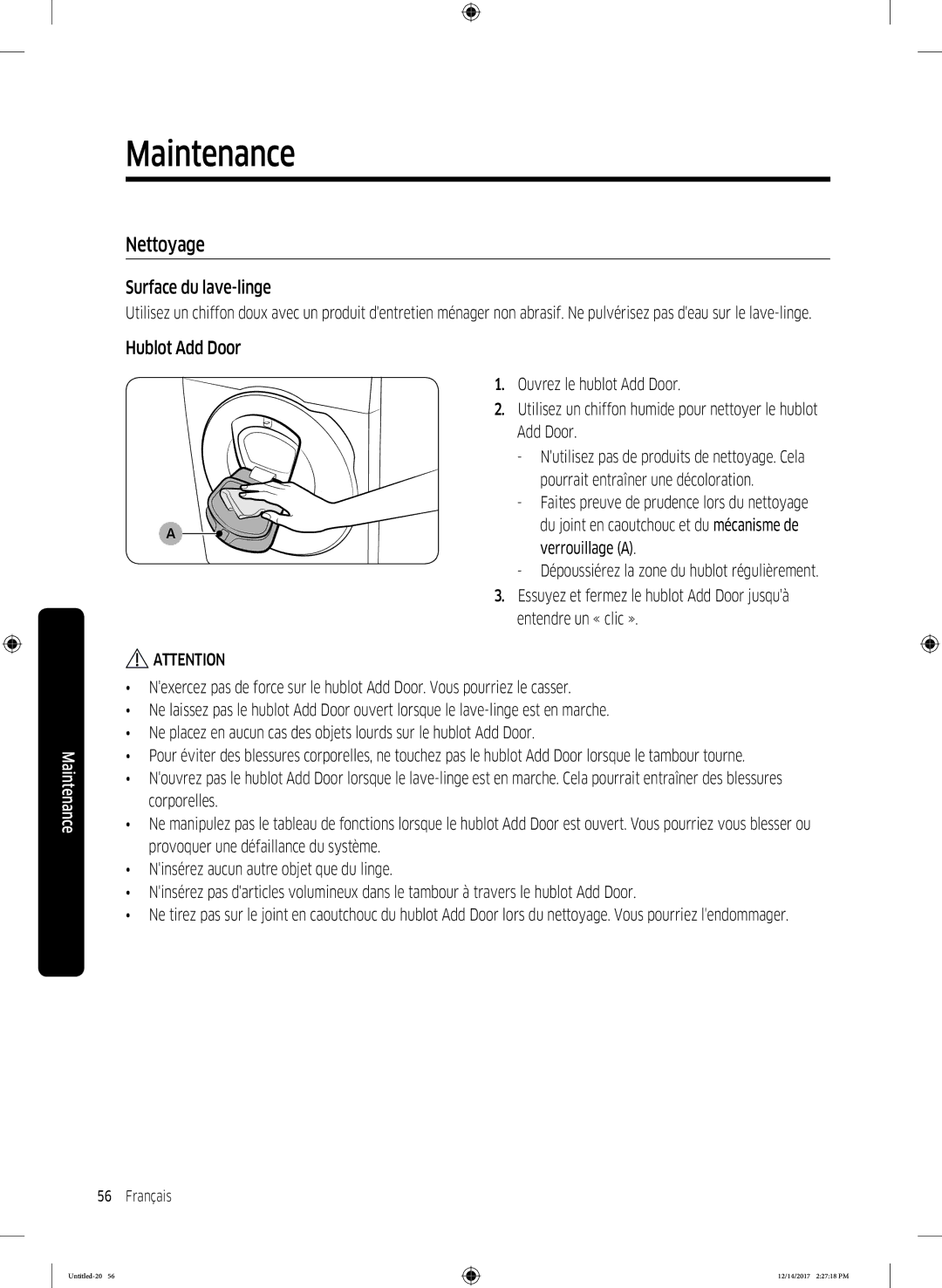 Samsung WW10M86GNOA/EF manual Nettoyage, Surface du lave-linge, Hublot Add Door 