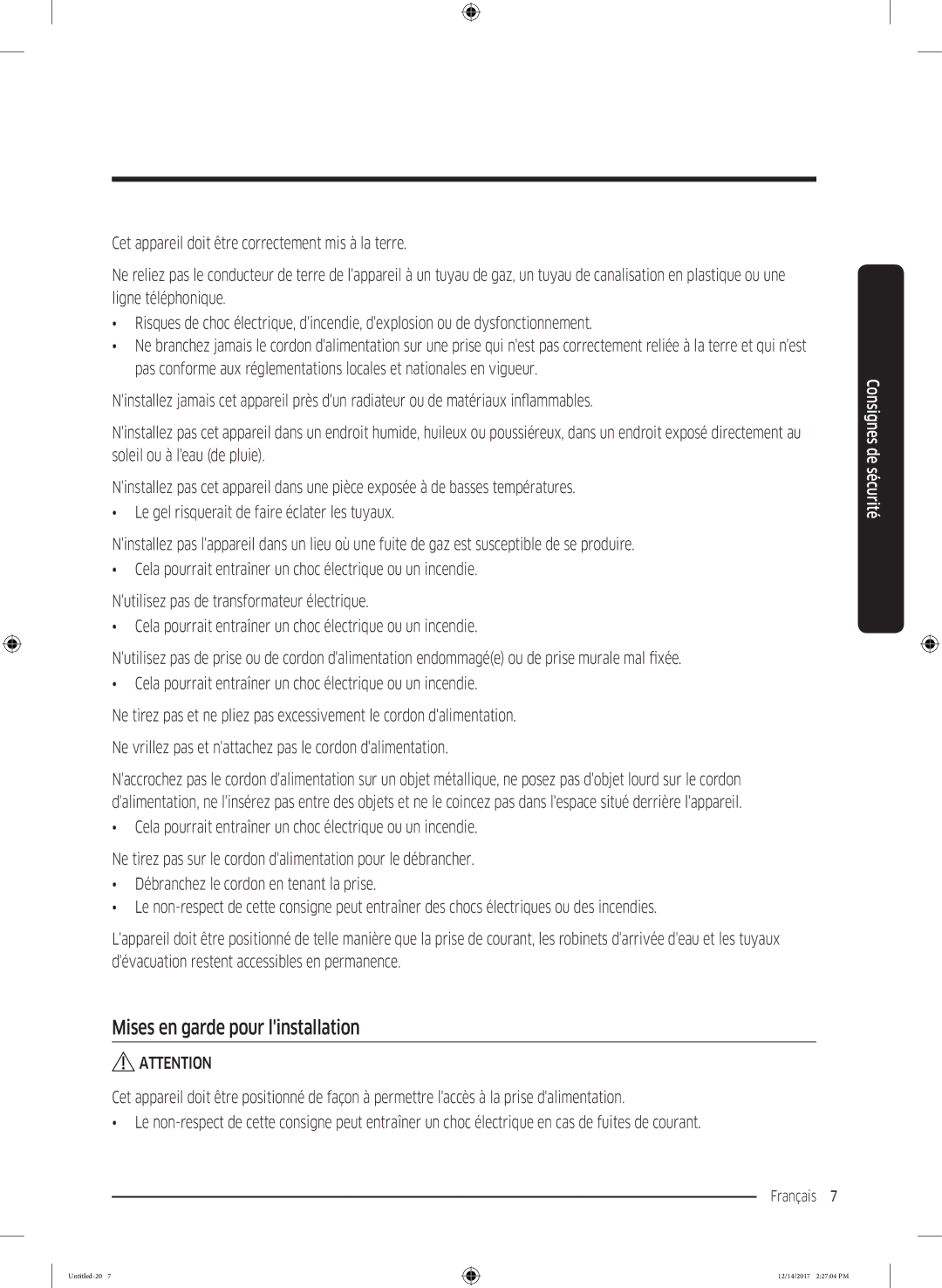 Samsung WW10M86GNOA/EF manual Mises en garde pour linstallation 