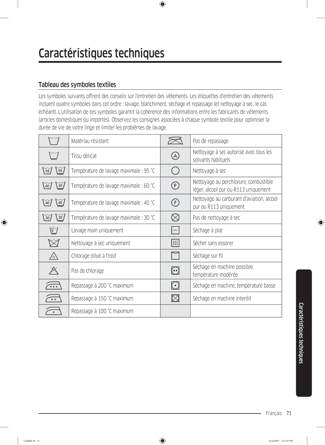 Samsung WW10M86GNOA/EF manual Caractéristiques techniques, Tableau des symboles textiles 