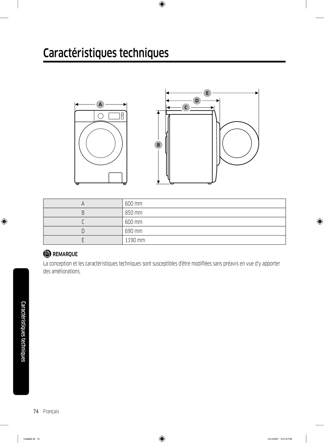 Samsung WW10M86GNOA/EF manual 600 mm, 850 mm, 690 mm, 1190 mm 