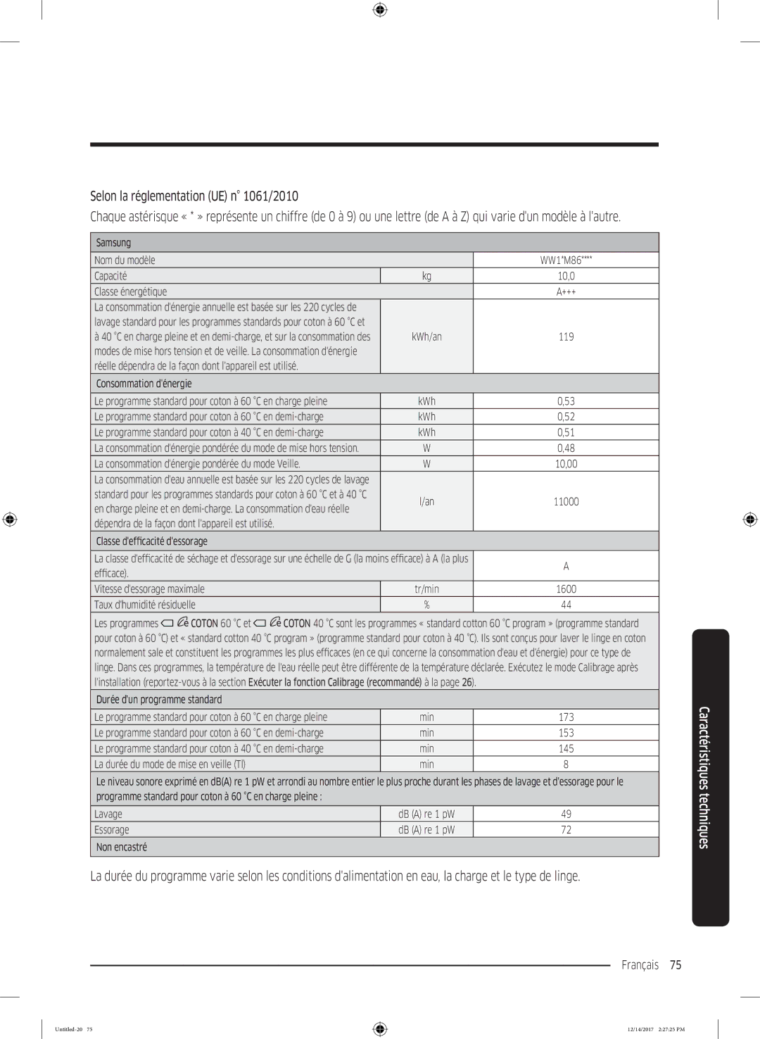 Samsung WW10M86GNOA/EF manual Selon la réglementation UE n 1061/2010, Classe énergétique 