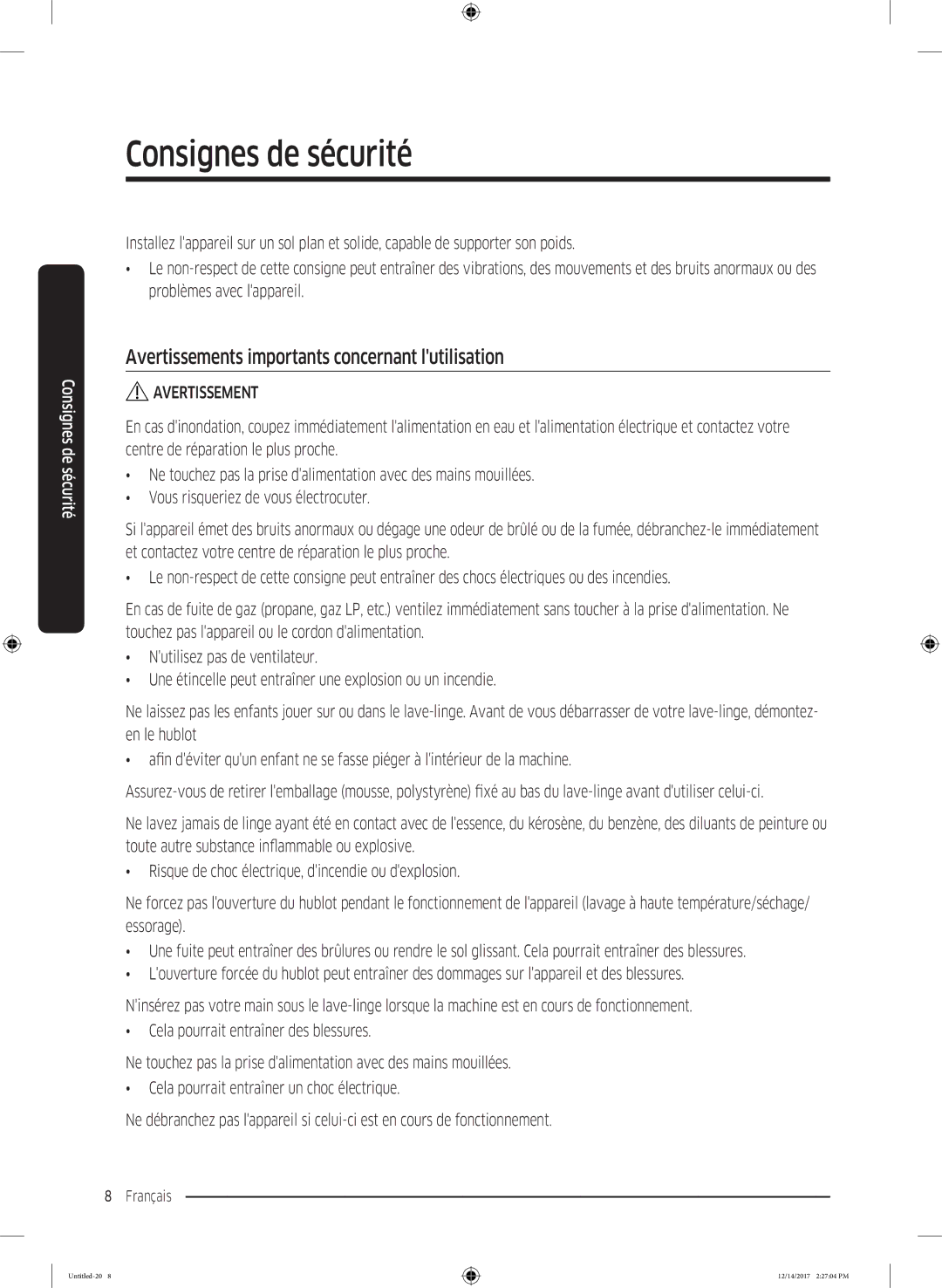 Samsung WW10M86GNOA/EF manual Avertissements importants concernant lutilisation 