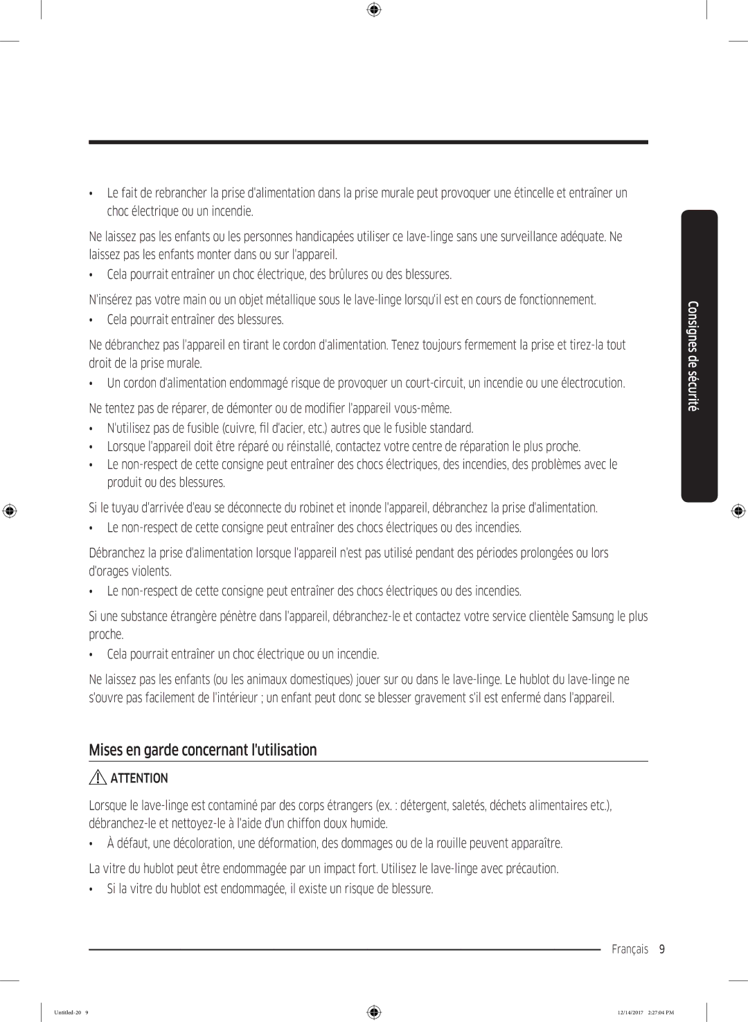 Samsung WW10M86GNOA/EF manual Mises en garde concernant lutilisation 