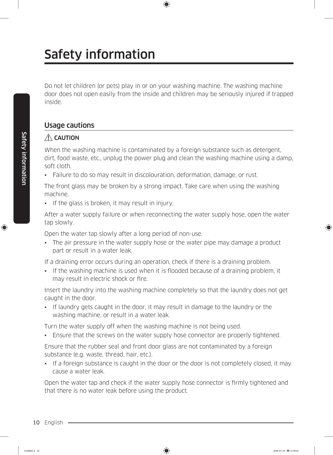 Samsung WW10M86INOA/EE manual Usage cautions 