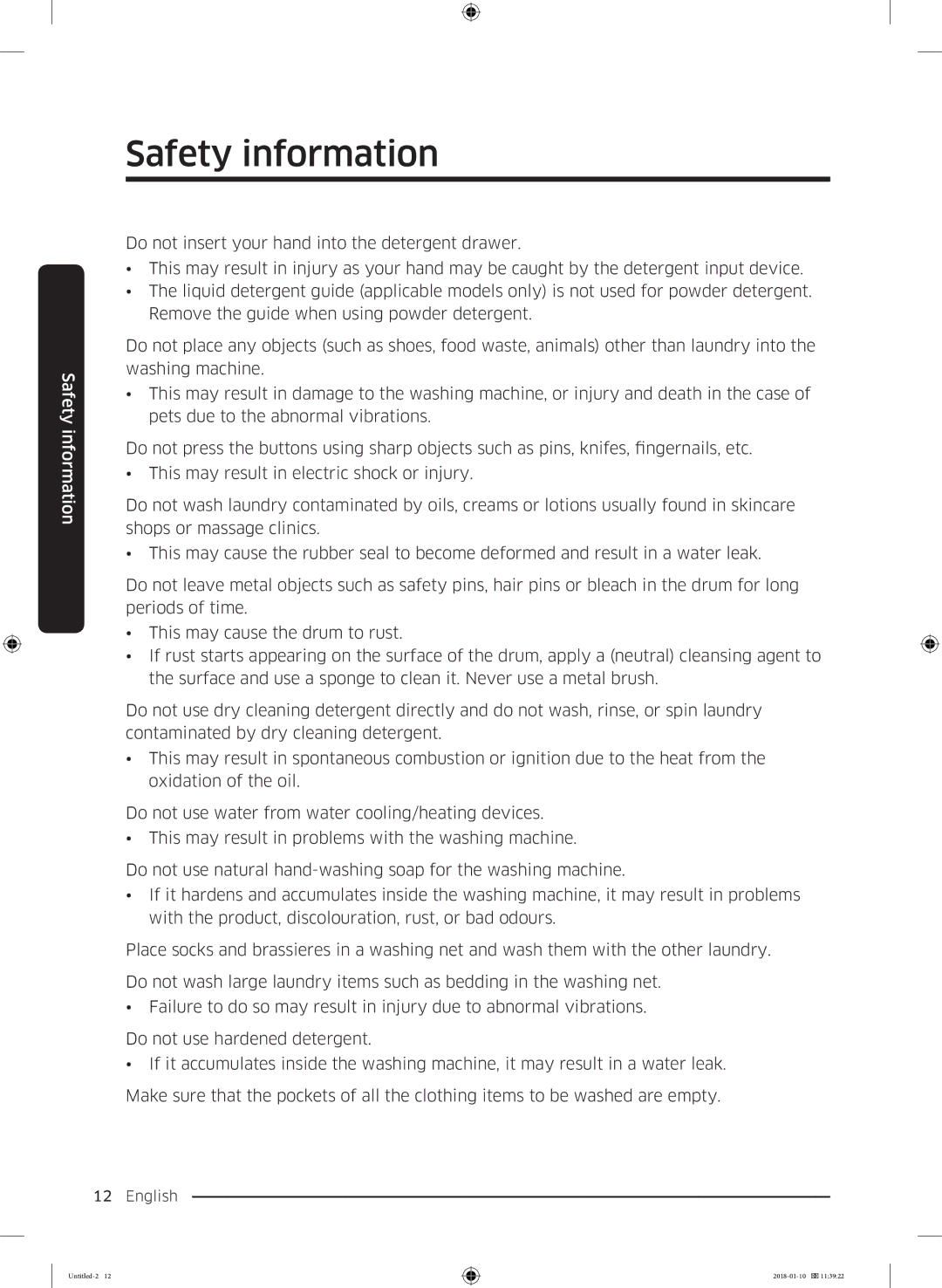 Samsung WW10M86INOA/EE manual Safety information 