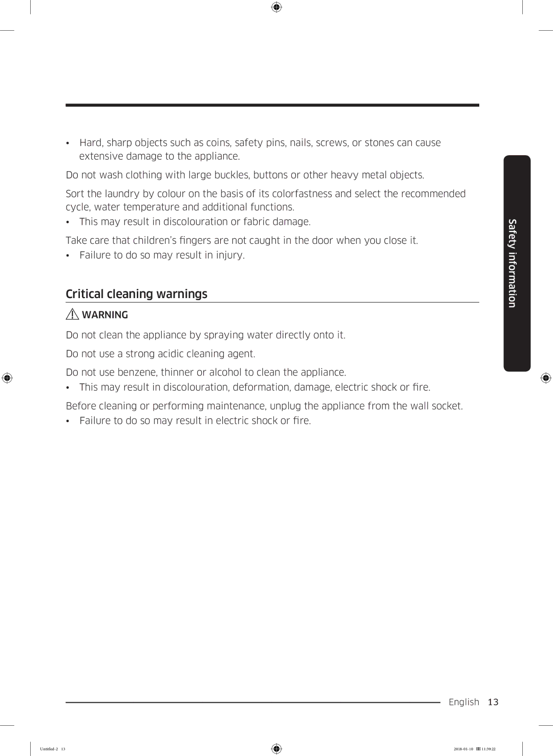 Samsung WW10M86INOA/EE manual Critical cleaning warnings 