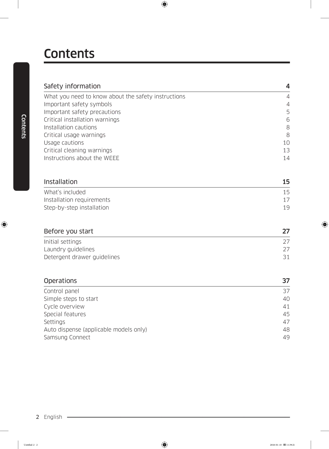 Samsung WW10M86INOA/EE manual Contents 