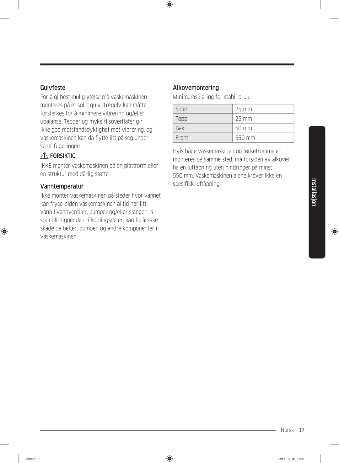 Samsung WW10M86INOA/EE manual Gulvfeste, Vanntemperatur, Alkovemontering 