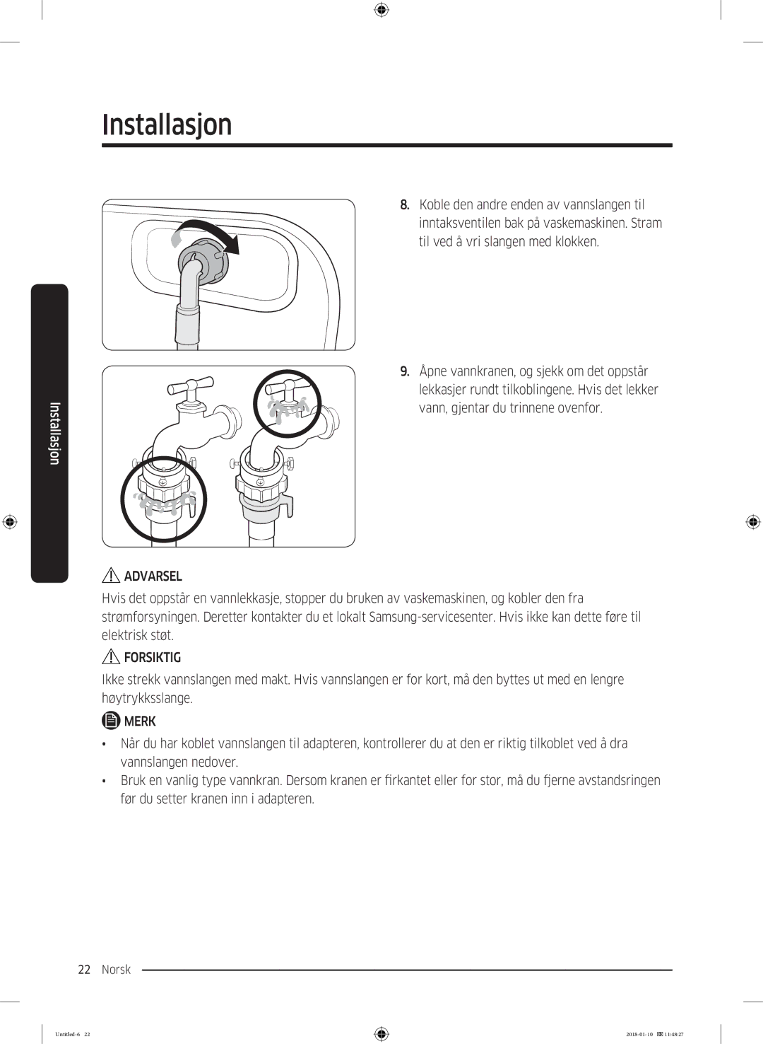 Samsung WW10M86INOA/EE manual Forsiktig 