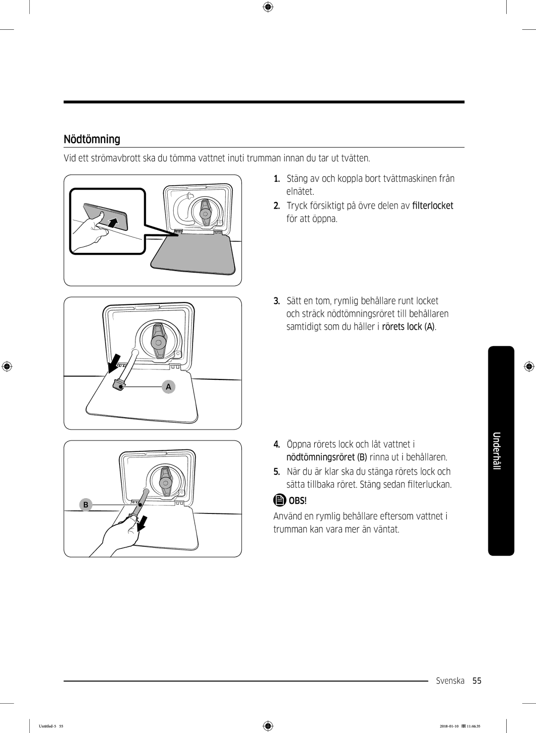 Samsung WW10M86INOA/EE manual Nödtömning 