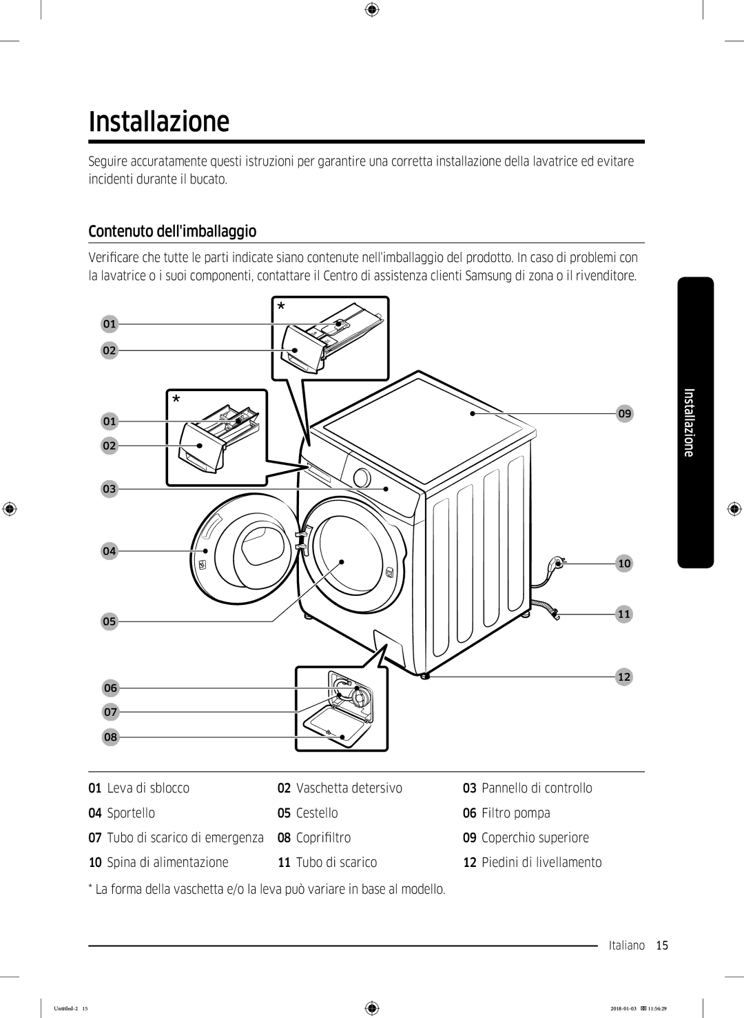 Samsung WW10M86INOA/ET manual Installazione, Contenuto dellimballaggio 