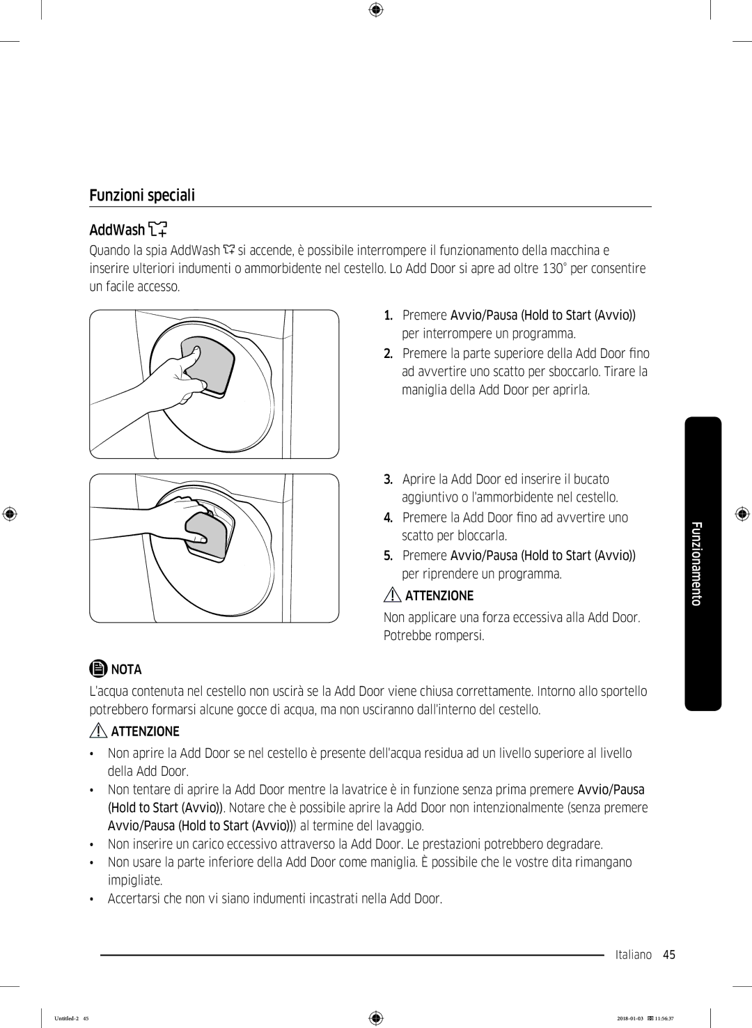 Samsung WW10M86INOA/ET manual Funzioni speciali, AddWash 