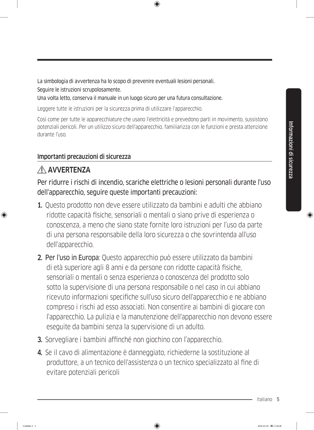 Samsung WW10M86INOA/ET manual Avvertenza, Importanti precauzioni di sicurezza 