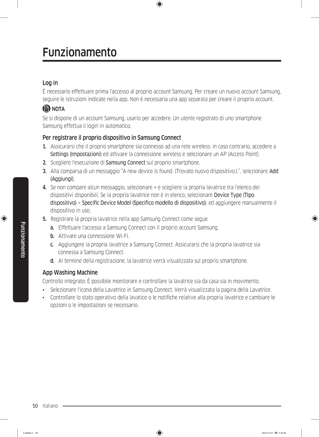 Samsung WW10M86INOA/ET manual Log, Per registrare il proprio dispositivo in Samsung Connect, App Washing Machine 