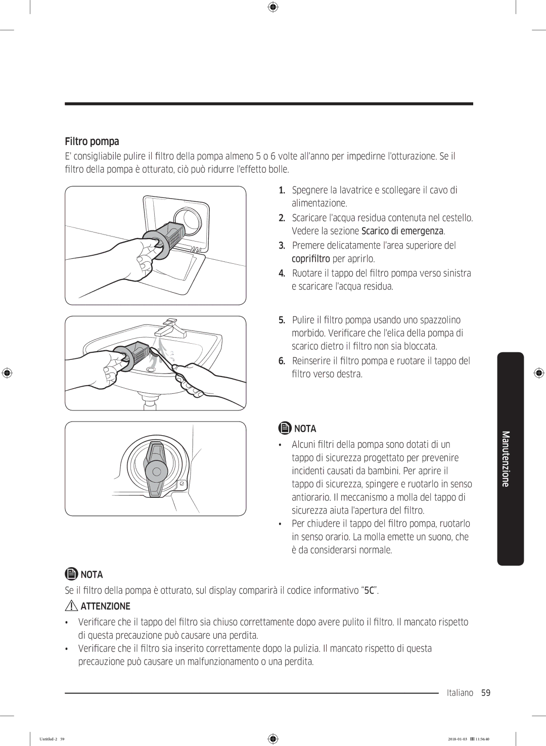 Samsung WW10M86INOA/ET manual Filtro pompa 