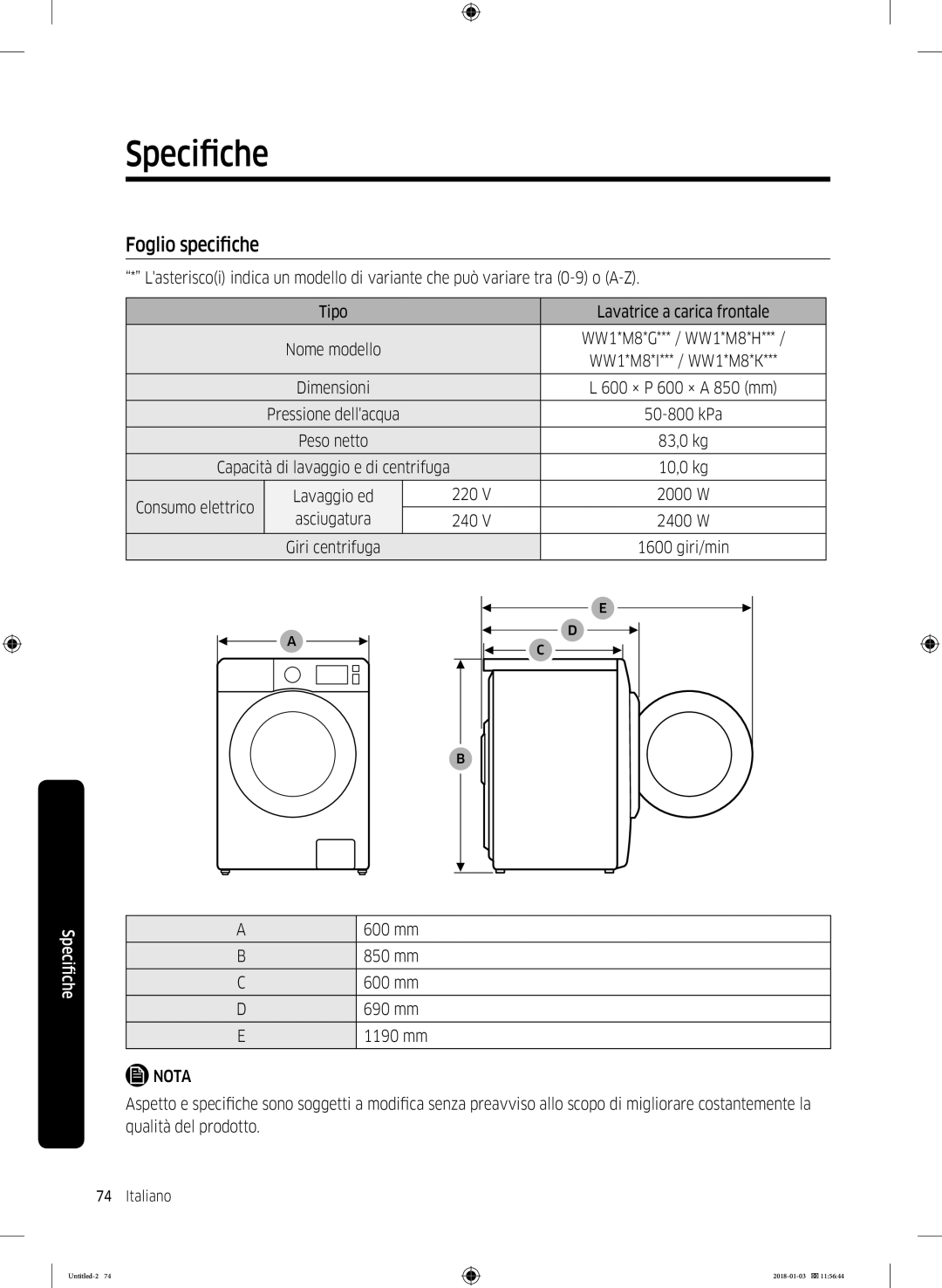 Samsung WW10M86INOA/ET manual Foglio specifiche 