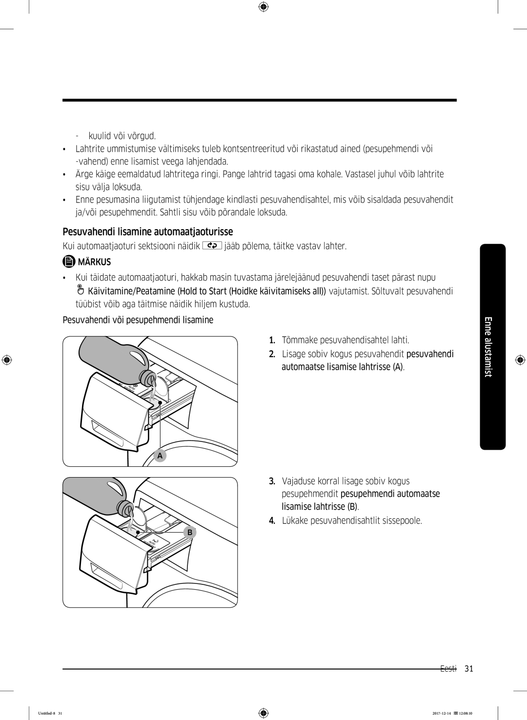 Samsung WW10M86INOA/LE manual Pesuvahendi lisamine automaatjaoturisse, Märkus 