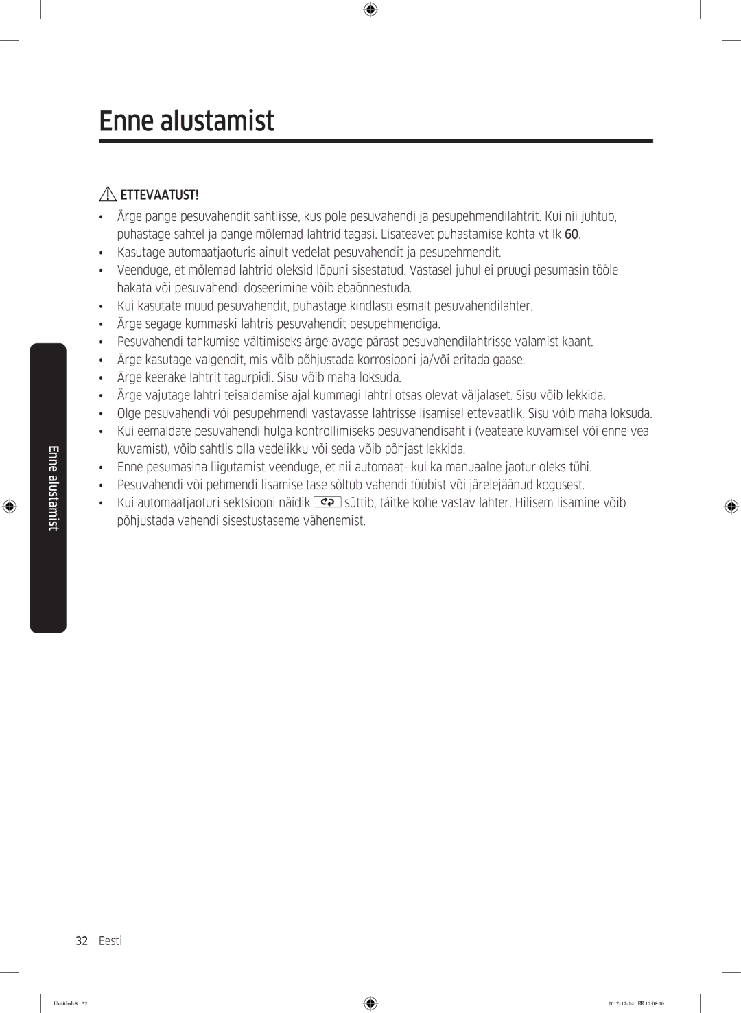 Samsung WW10M86INOA/LE manual Enne alustamist 