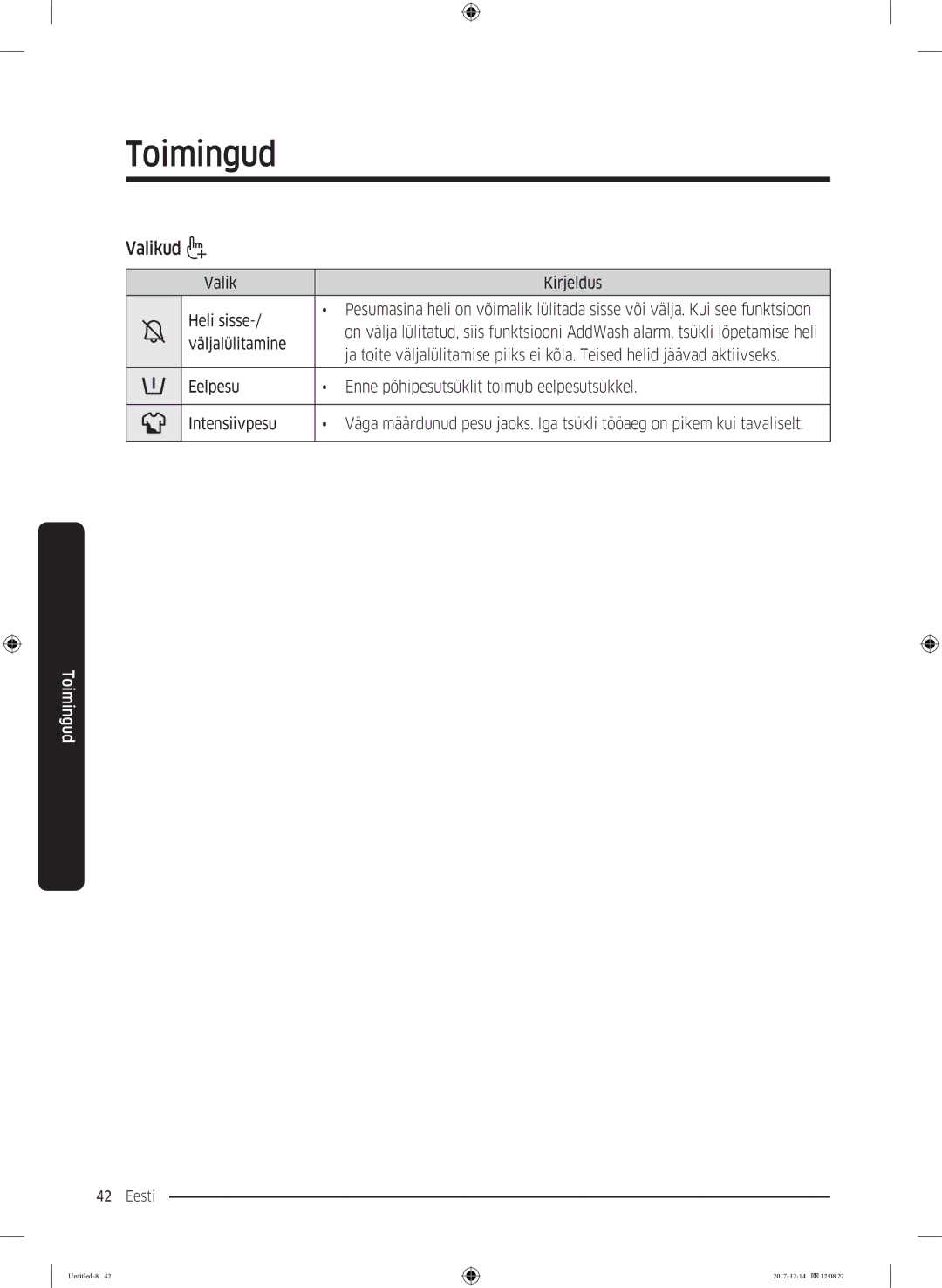 Samsung WW10M86INOA/LE manual Valikud, Väljalülitamine 