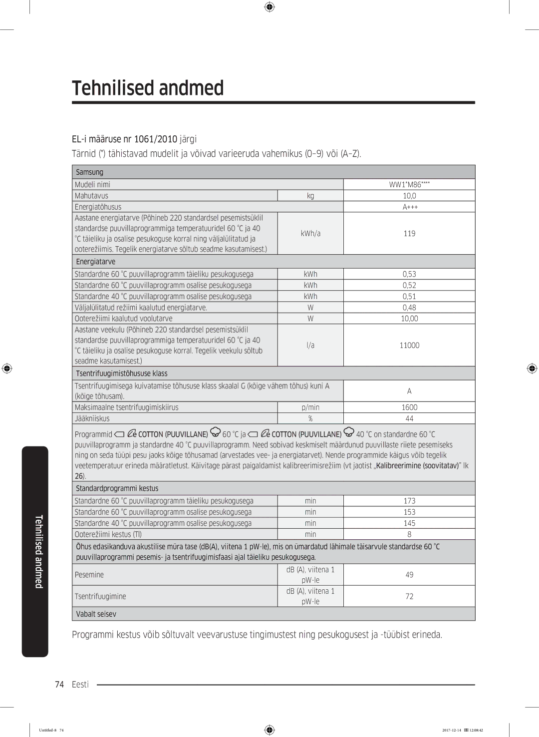 Samsung WW10M86INOA/LE manual Samsung Mudeli nimi WW1*M86 Mahutavus 