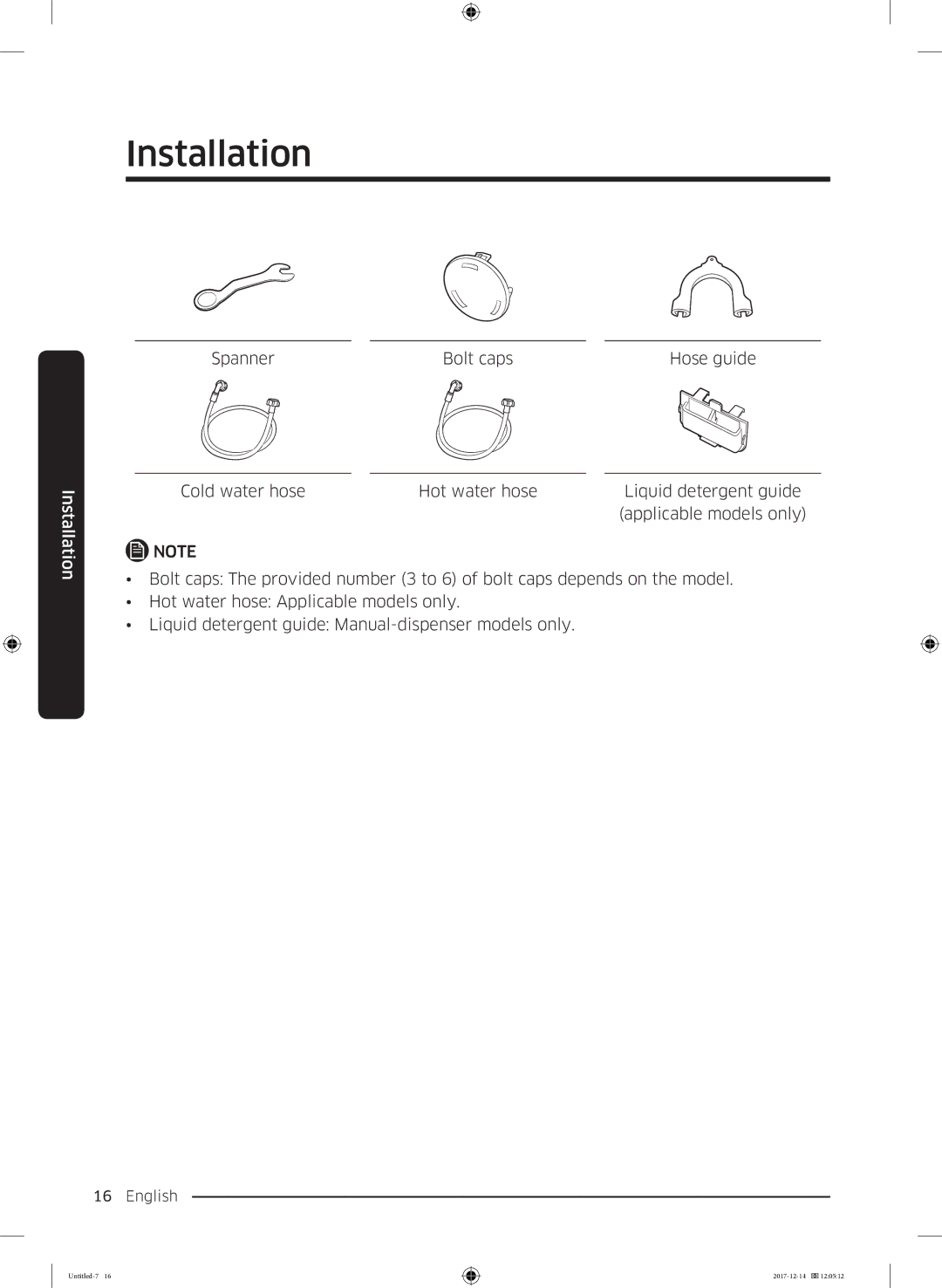 Samsung WW10M86INOA/LE manual Spanner Bolt caps Hose guide 