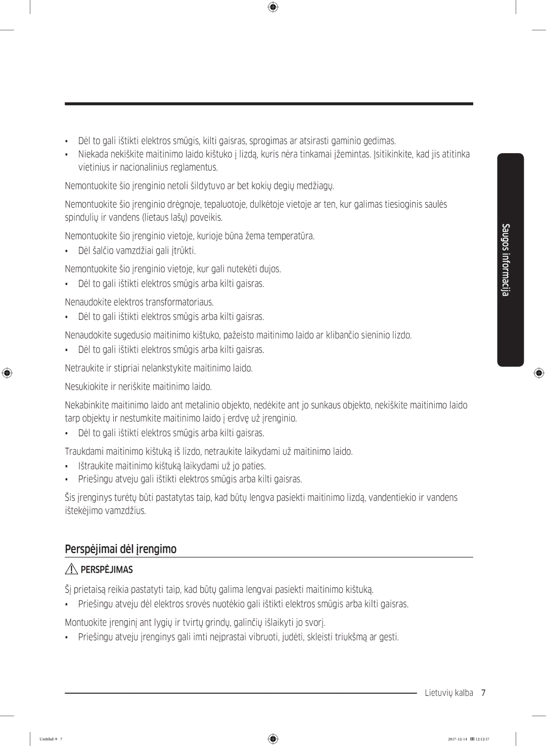 Samsung WW10M86INOA/LE manual Perspėjimai dėl įrengimo, Perspėjimas 