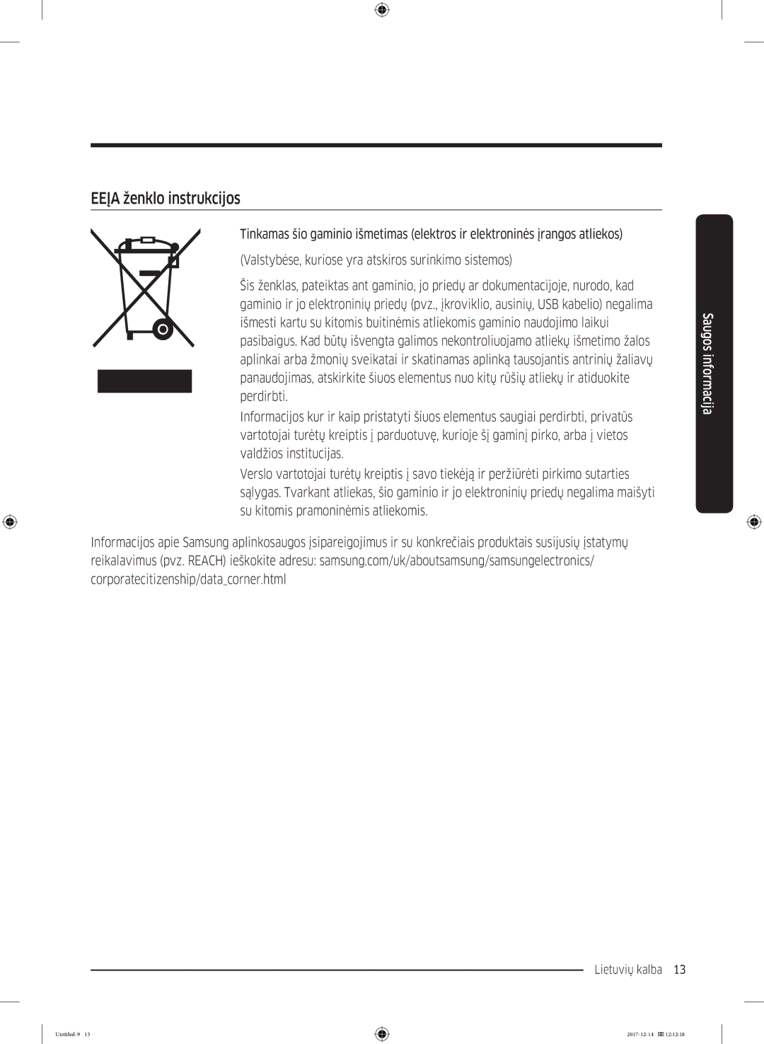 Samsung WW10M86INOA/LE manual Eeįa ženklo instrukcijos 