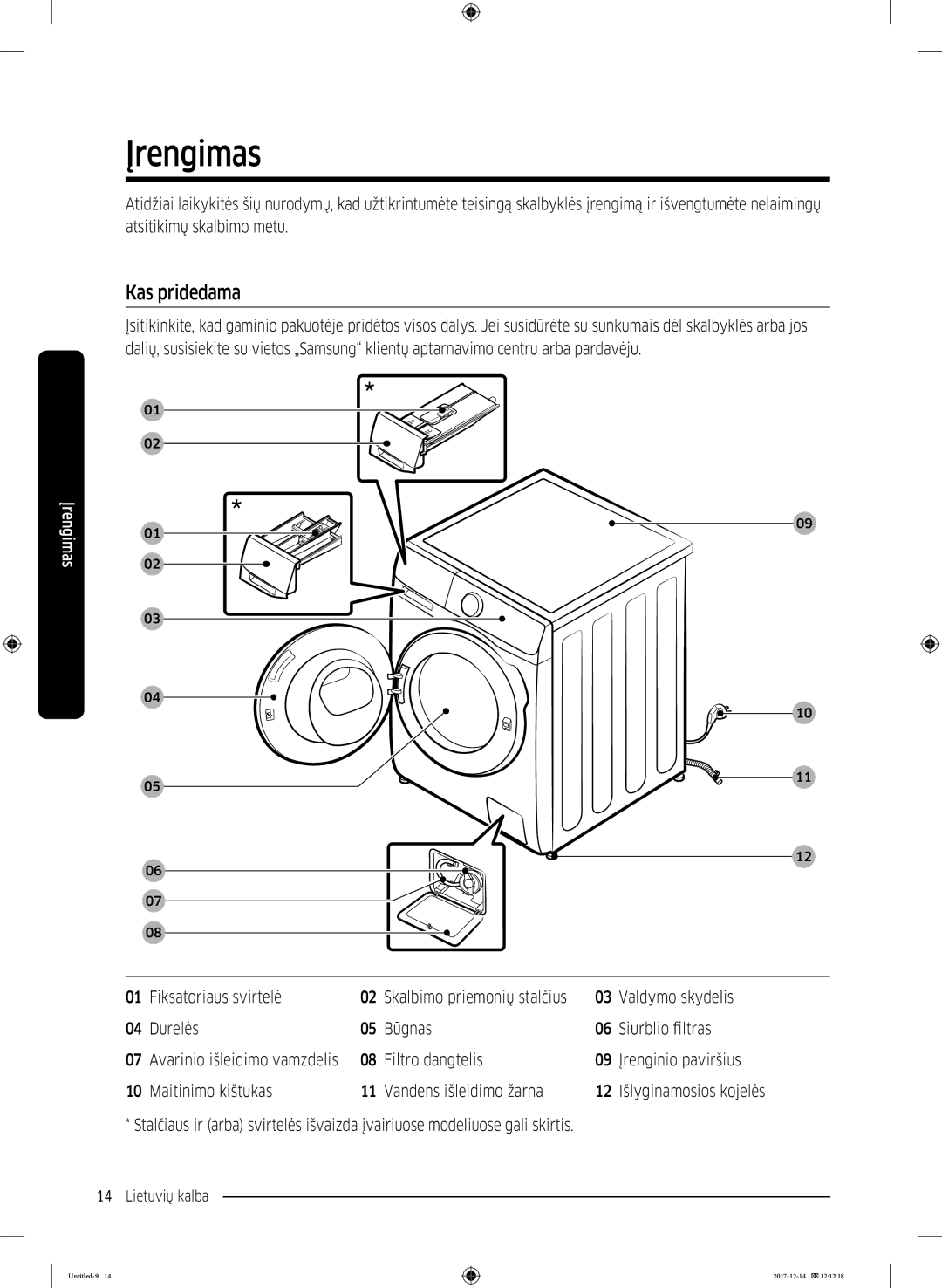 Samsung WW10M86INOA/LE manual Įrengimas, Kas pridedama, Fiksatoriaus svirtelė 