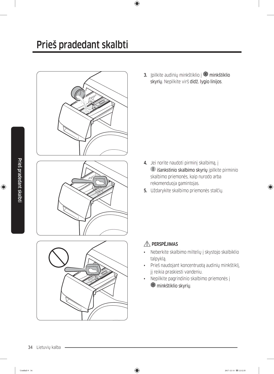 Samsung WW10M86INOA/LE manual Prieš pradedant skalbti 