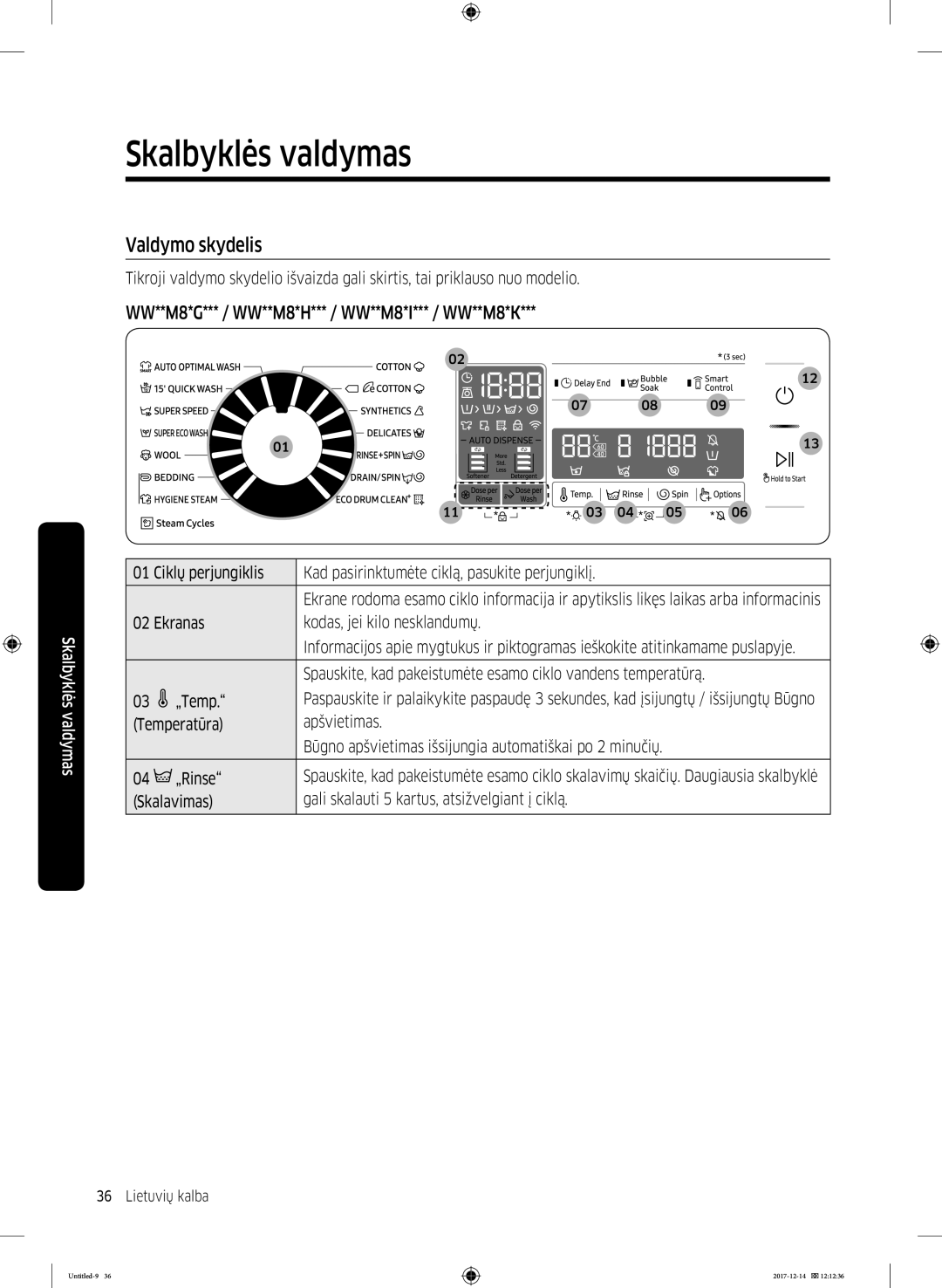 Samsung WW10M86INOA/LE manual Skalbyklės valdymas, Valdymo skydelis 