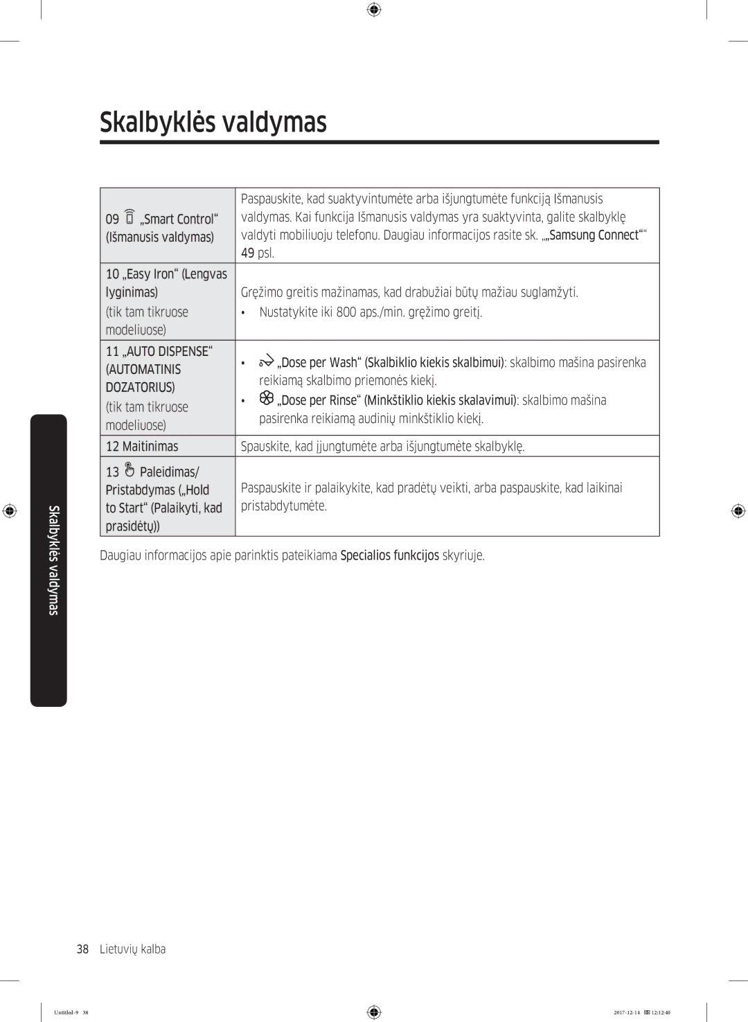 Samsung WW10M86INOA/LE manual „AUTO Dispense, Automatinis, Dozatorius 