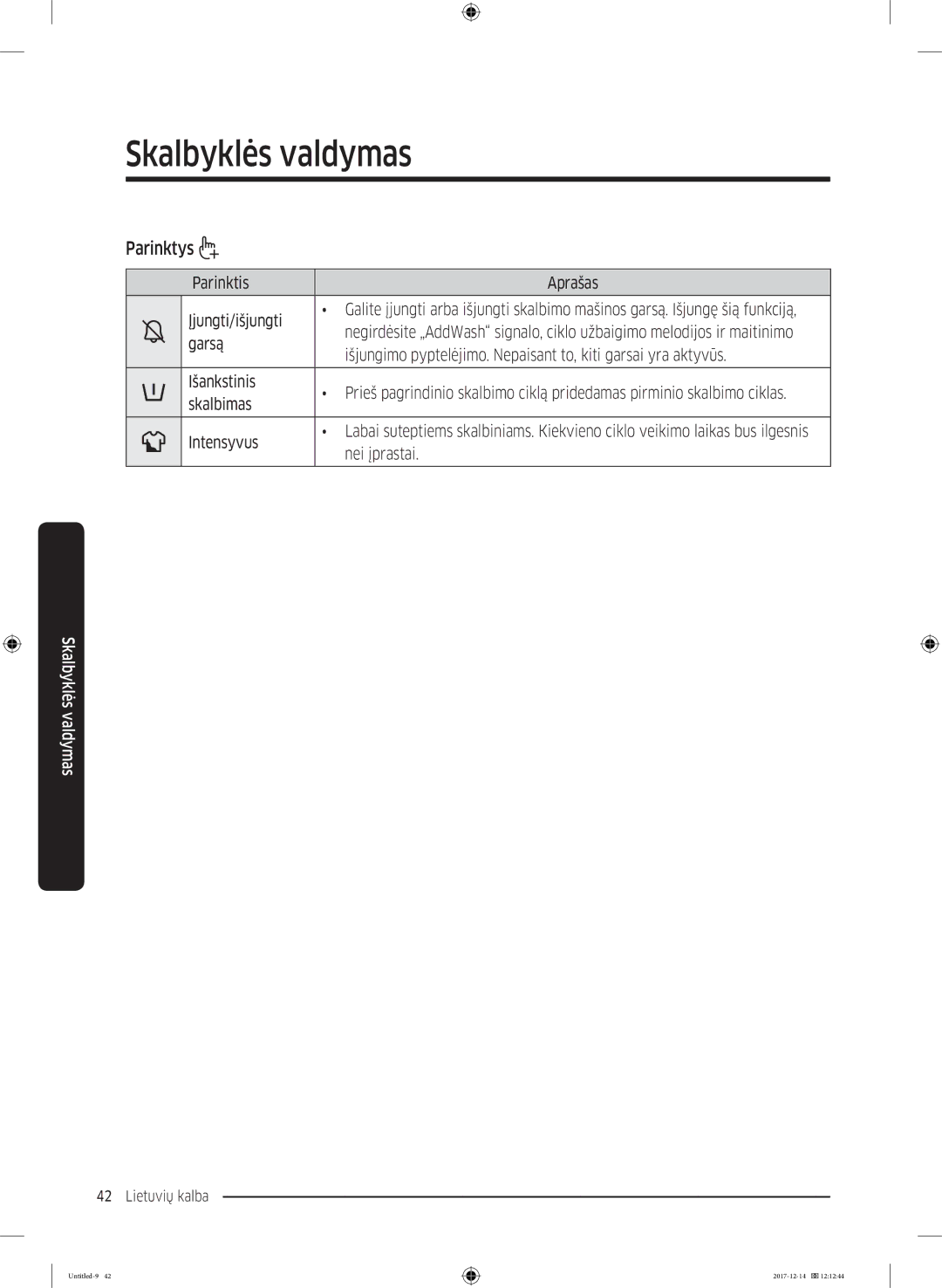 Samsung WW10M86INOA/LE manual Parinktys, Parinktis Aprašas Įjungti/išjungti, Garsą, Nei įprastai 