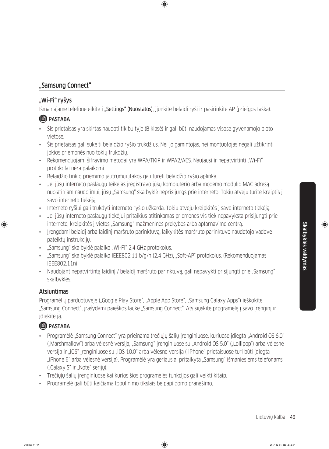 Samsung WW10M86INOA/LE manual „Samsung Connect, „Wi-Fi ryšys, Atsiuntimas 