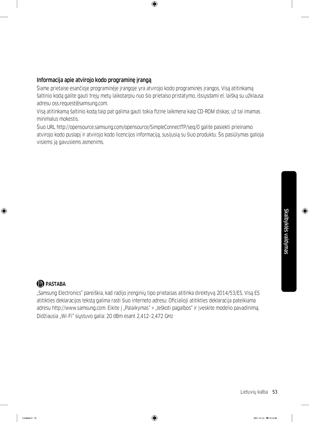 Samsung WW10M86INOA/LE manual Informacija apie atvirojo kodo programinę įrangą, Pastaba 