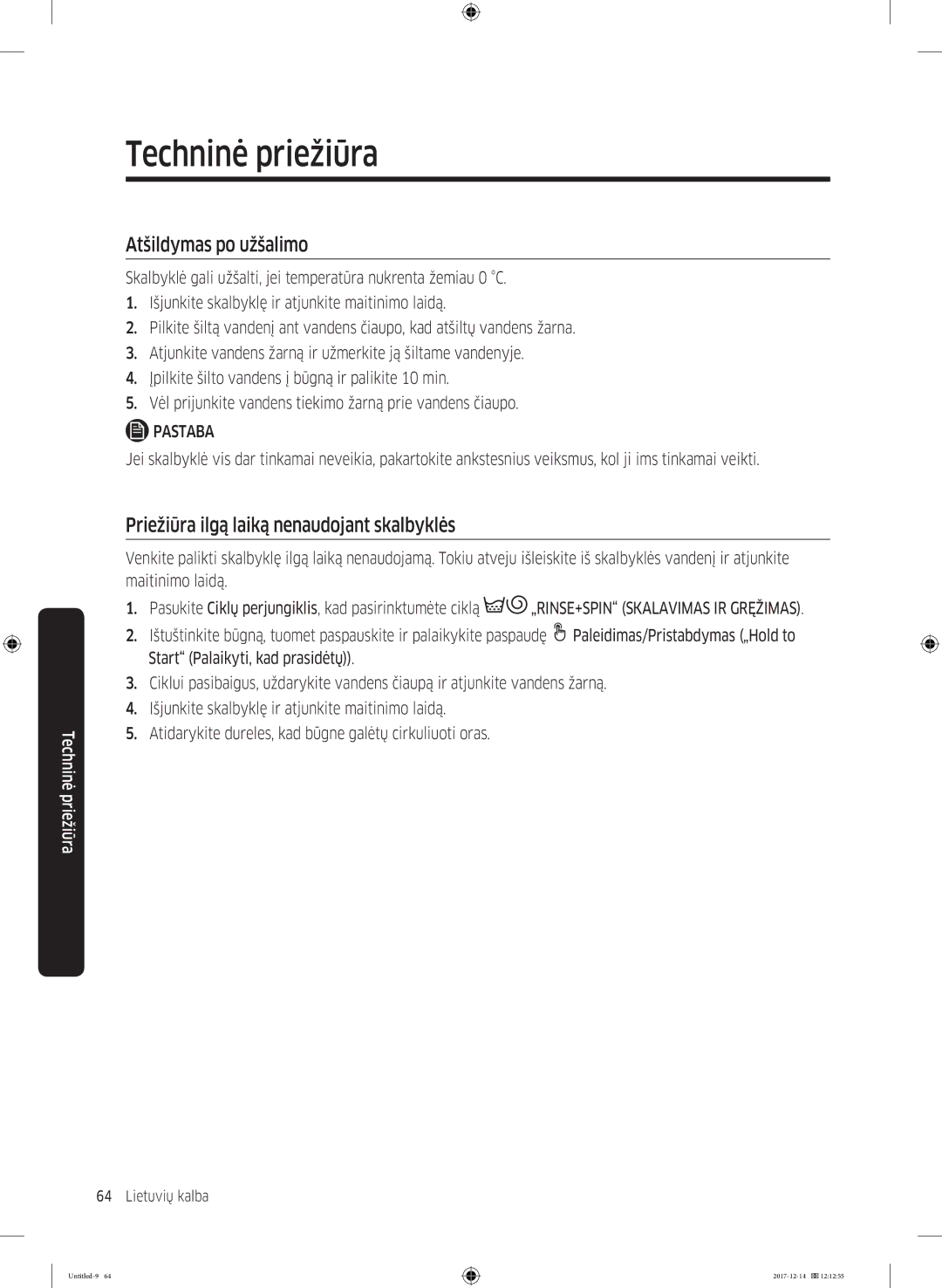 Samsung WW10M86INOA/LE manual Atšildymas po užšalimo, Priežiūra ilgą laiką nenaudojant skalbyklės 